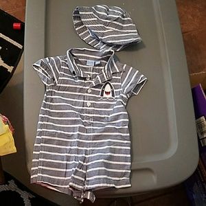 Gray shark onsie with matching sun hat